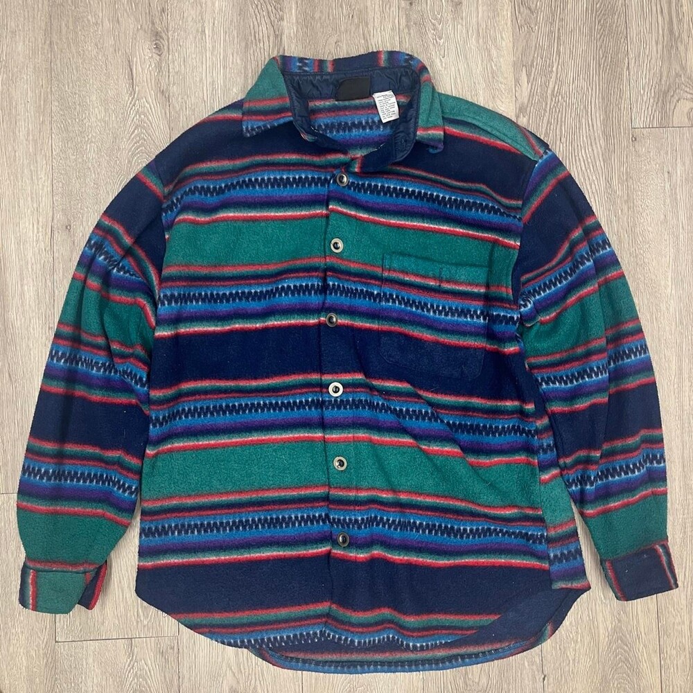 90s Global Mind Fleece men retro Button Up Shirt stripes zigzag patterns large
